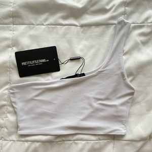 Pretty Little Thing white slinky one shoulder crop top